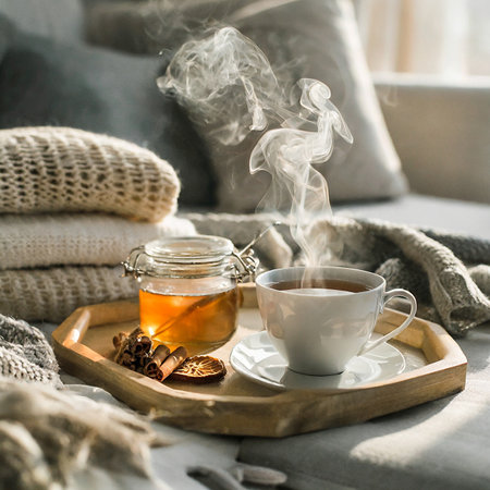 Cup of hot tea on wooden tray, knitted plaids and pillows on the windowsill. Cozy winter morning. Hyggeの素材