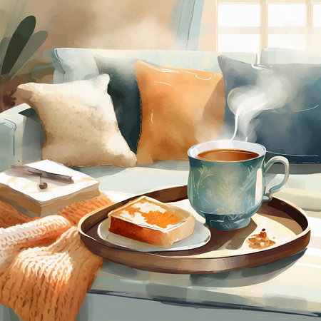 Illustration of a breakfast in the living room with a cup of coffeeの素材