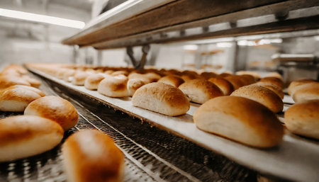 Bread production line. Freshly baked buns in a bakery.の素材
