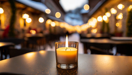 Burning candle on the table in a restaurant with bokeh backgroundの素材