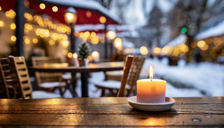 Candle on a wooden table in a restaurant in the snow.の素材