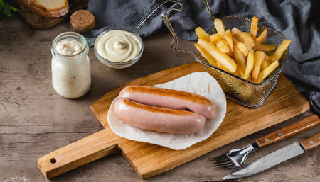 Grilled sausages with french fries and mayonnaise sauceの素材