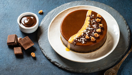 Chocolate cheesecake with caramel sauce and nuts on a dark backgroundの素材