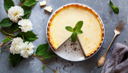Homemade cheesecake with white flowers on a stone background. tinting. selective focusの素材