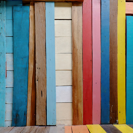 Colorful wood wall texture background for interior exterior decoration and industrial construction concept design.の素材