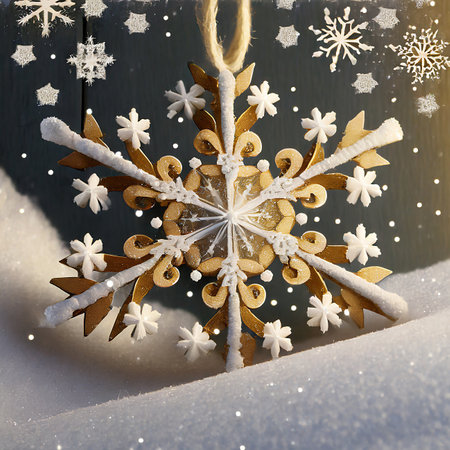 Christmas snowflake on the snow with snowflakes. Christmas backgroundの素材