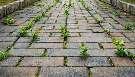 Stone walkway in the park with green grass and flower, selective focusの素材