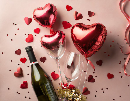 Valentine's day composition with champagne and hearts on color backgroundの素材