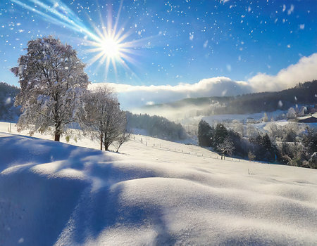 Beautiful winter landscape with snow covered trees and sun in the mountains