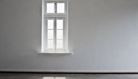 White window on the wall, white wall and concrete floor background.の素材