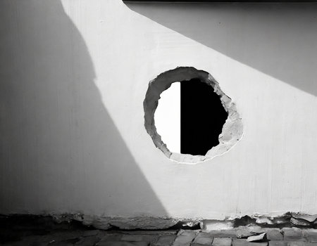 A hole in the wall of a building. Black and white.の素材