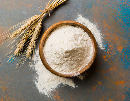 Wheat flour in a wooden bowl and ears of wheat on a textured backgroundの素材