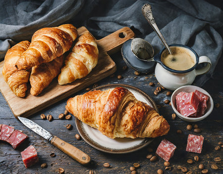 Breakfast with coffee and croissants on dark rustic backgroundの素材