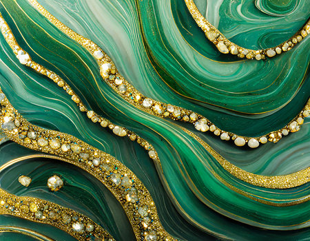 Marble abstract background with gold and green colors. 3d rendering, 3d illustration.の素材