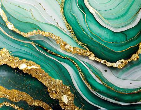 Abstract background of green and blue agate with gold veins. Fluid art.の素材
