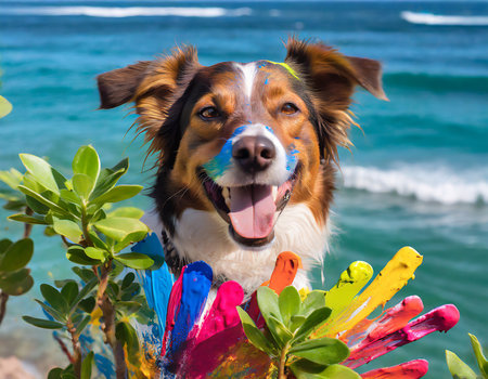 Australian shepherd dog on the beach with tropical flowers in his hair.の素材