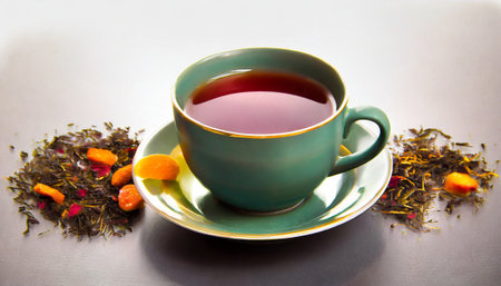 Cup of tea with dried fruits and herbs on a gray backgroundの素材
