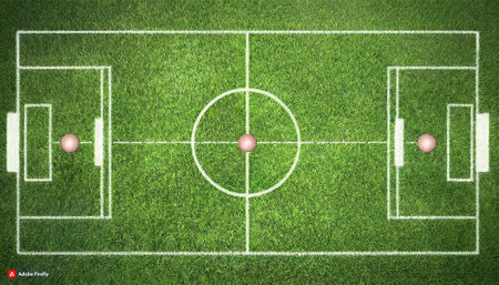 Soccer field with grass and balls, shot from above, top viewの素材