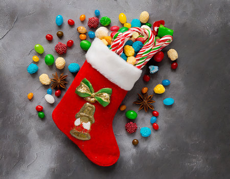 Christmas stocking with candies and jelly beans on concrete background. Top viewsの素材