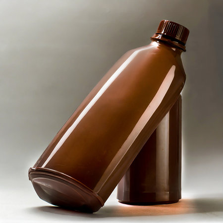 Brown plastic bottle with chocolate on a gray background. Close up.の素材