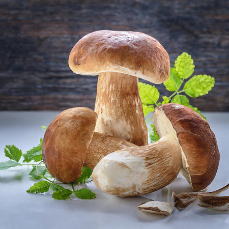 Boletus edulis or porcini mushroom on wooden backgroundの素材