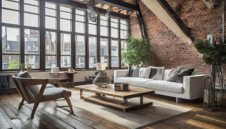 interior of modern loft style living room with sofa and coffee tableの素材