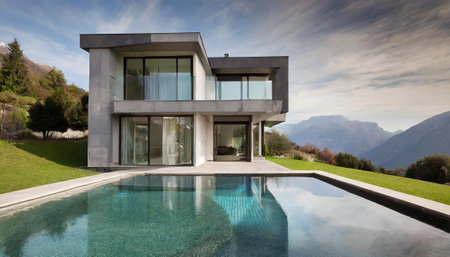 modern house with pool, view from the veranda. Nobody insideの素材