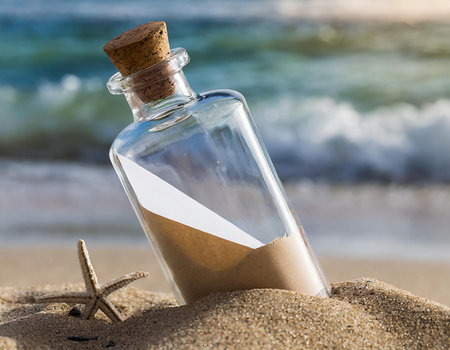 Message in a bottle on the beach with the sea in the backgroundの素材