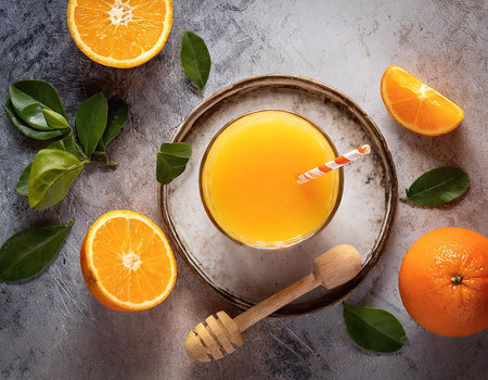 Glass of fresh orange juice on stone background. Top view, flat layの素材