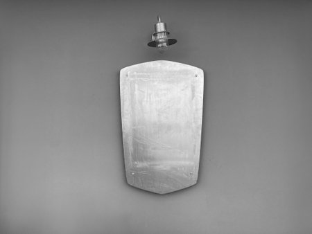 Old metal shield on a wall in black and white. Copy space.