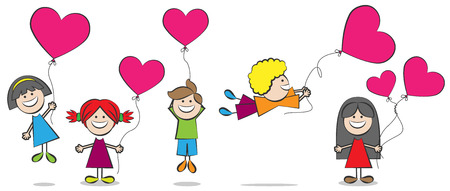 children with heart balloons illustrationのイラスト素材