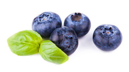 blueberries with leaf on white backgroundの写真素材