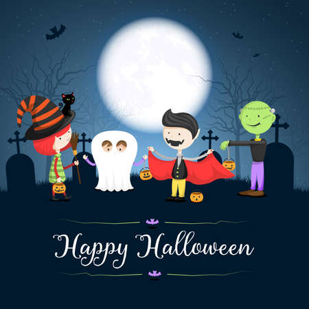 Happy Halloween card background with children in costumesのイラスト素材