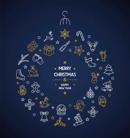 Merry christmas thin line icons circle vector card backgroundのイラスト素材