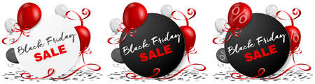 Black friday sale buttons set collection isolated with balloons, confetti and streamersのイラスト素材