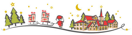 Christmas winter landscape drawing with santa claus and gift boxes isolatedのイラスト素材