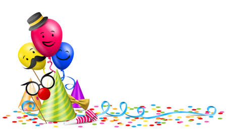 Party decoration with balloons, confetti, streamer and party hats isolated illustrationのイラスト素材