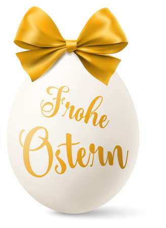 White easter egg with a golden bow and happy easter text isolated (german)のイラスト素材