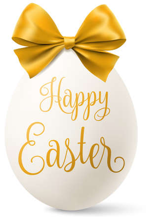 White easter egg with a golden bow and happy easter text isolatedのイラスト素材