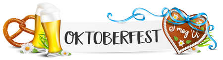 Oktoberfest Munich banner with gingerbread heart, pretzel and beer isolatedのイラスト素材