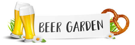 Beer garden sign with beer glass and pretzel bannerのイラスト素材
