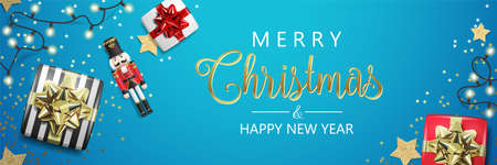 Merry christmas greeting card background banner realistic with gifts, presents, lights, stars glitter gold confetti and nutcracker toyのイラスト素材