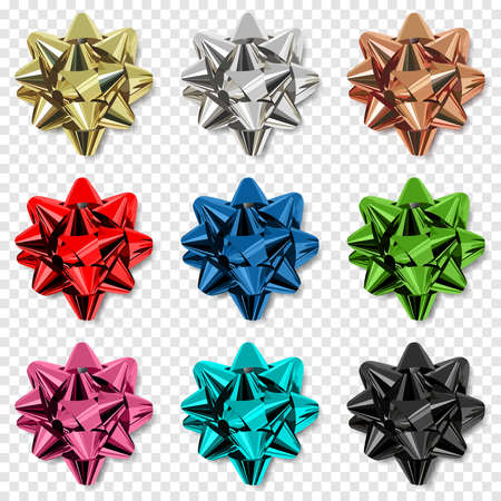 Metallic shiny ribbon big bows vector set isolated on transparent backgroundのイラスト素材