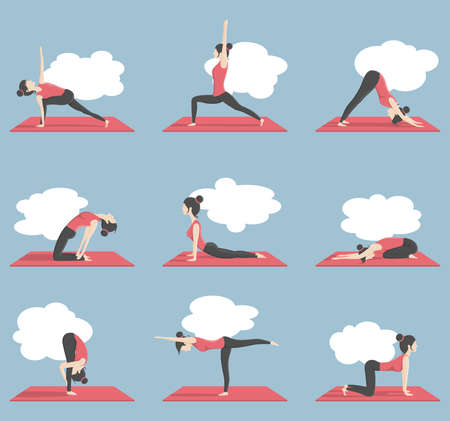 Yoga meditation woman stretching and breathing vector collectionのイラスト素材
