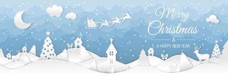 Winter christmas landscape with houses and trees. Merry christmas and happy new year. Santa Claus sleigh in the night sky with stars. Vector paper and crafts artのイラスト素材