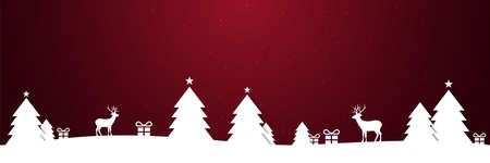 Christmas winter snow landscape silhouette with christmas trees and reindeers on red stars backgroundのイラスト素材