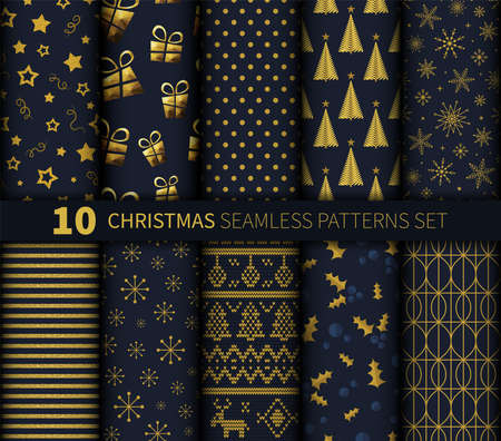 Christmas seamless pattern background vector set golden dark blue abstractのイラスト素材
