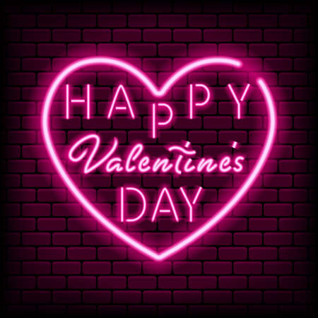 Happy valentines day glowing neon lettering heart vector backgroundのイラスト素材