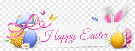 Happy easter paper banner with easter eggs, easter bunny ears and flowers transparent background isolatedのイラスト素材