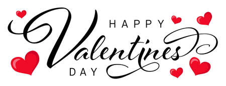 Happy valentines day font typography lettering with red hearts isolated vector labelのイラスト素材